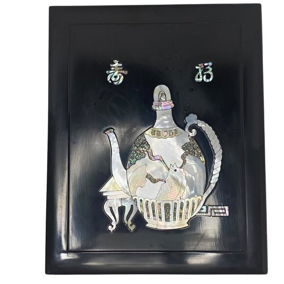 Korean Black Lacquer Jewelry Storage Notes Box Mother-Of-Pearl Inlay Teapot Fish - Picture 1 of 11